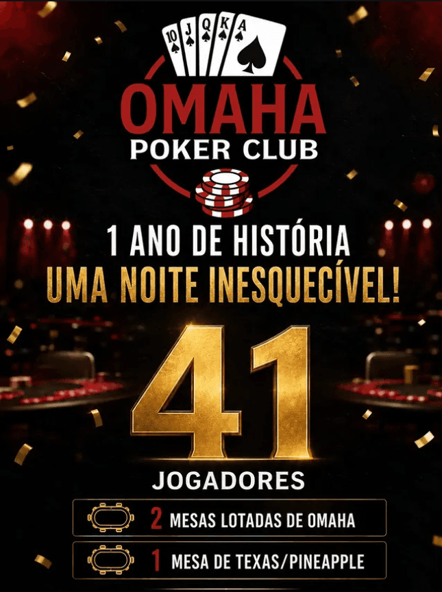 Arte publicada pelo clube depois da festa de um ano: 41 jogadores, 2 mesas lotadas de Omaha e 1 mesa de Texas/Pineapple